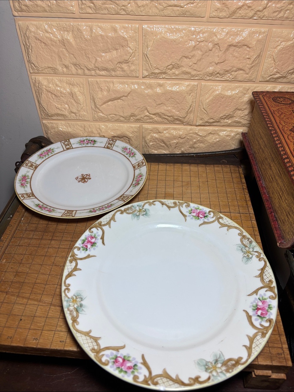 Two Noritake Plates Hand Painted Nippon Gold Scroll Lattice Pink Rose